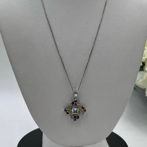 Sterling Silver Multi Color Gemstones Signed Cross Pendant Necklace Garnet Topaz - Picture 2 of 13
